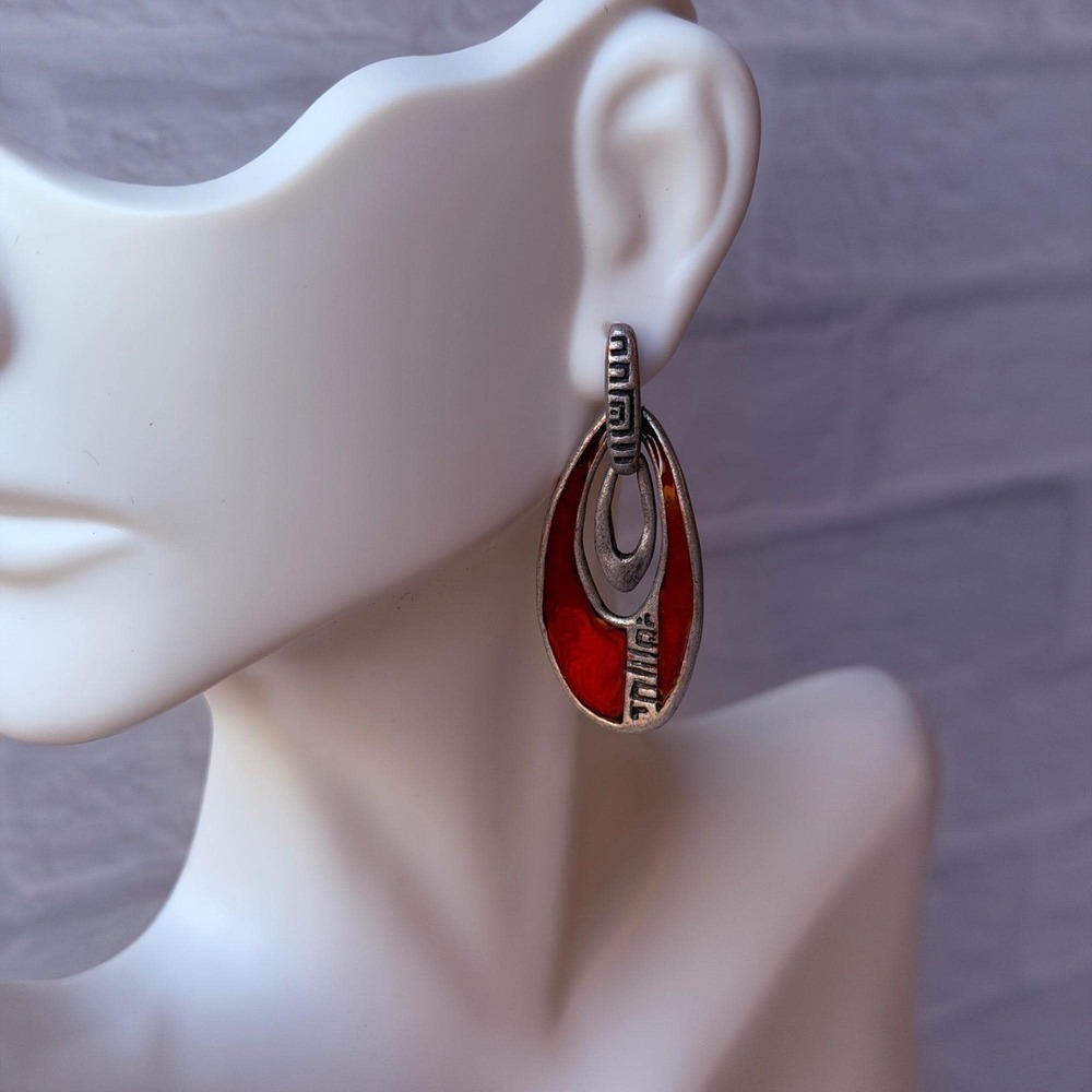 Vintage 1990s Chico's Red Jointed Statement‎ Dangle Earrings Modernist Pierced